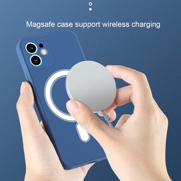 Blue silicone case for iPhone 12 Pro, featuring full coverage and MagSafe compatibility, showcasing its sleek design and protective features.