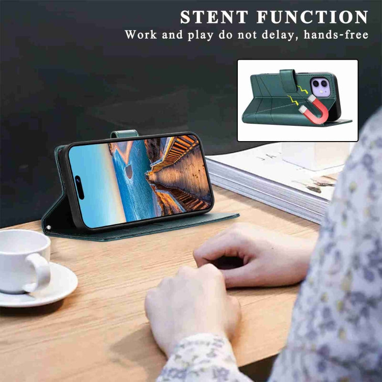 For iPhone 12 PU Genuine Leather Texture Embossed Line Phone Case with card slots and kickstand feature, showcasing its stylish design and functionality.