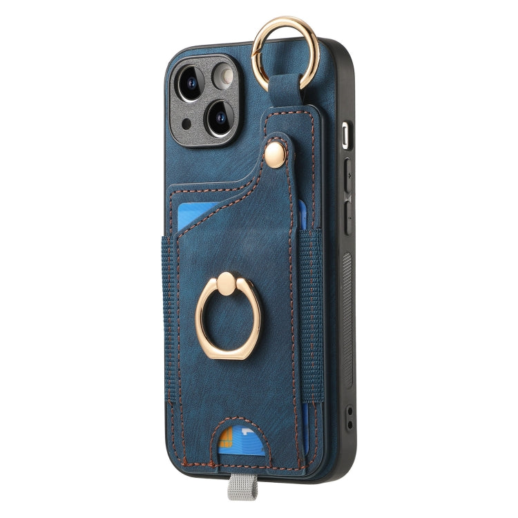 For iPhone 12 Retro Skin-feel Ring Card Bag Phone Case showcasing its durable TPU+PU material, 360-degree rotating ring stand, and card holder compartment.