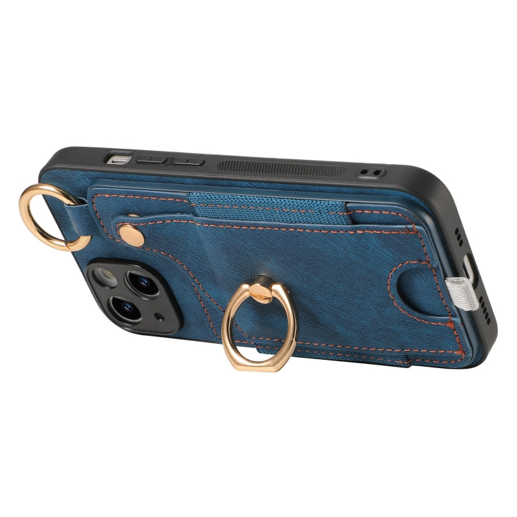 For iPhone 12 Retro Skin-feel Ring Card Bag Phone Case showcasing its durable TPU+PU material, 360-degree rotating ring stand, and card holder compartment.