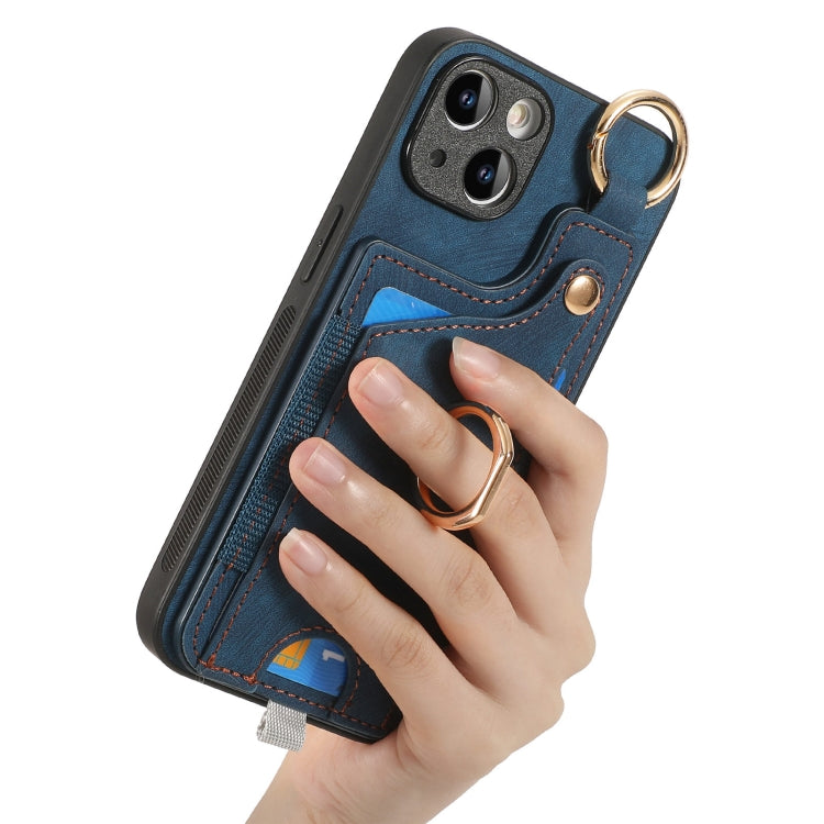 For iPhone 12 Retro Skin-feel Ring Card Bag Phone Case showcasing its durable TPU+PU material, 360-degree rotating ring stand, and card holder compartment.