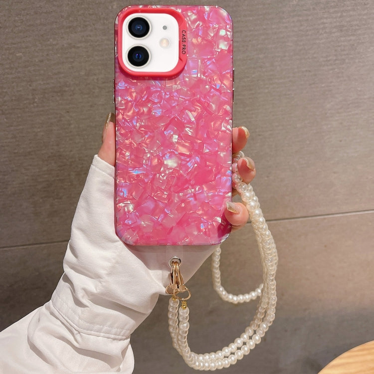 For iPhone 12 Shell Texture Crossbody case featuring a pearl chain, made from TPU and acrylic materials.