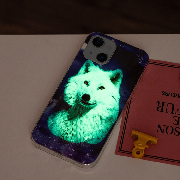 Luminous TPU Soft Protective Case for iPhone 13 featuring a Starry Sky Wolf design, showcasing its vibrant colors and sleek profile.