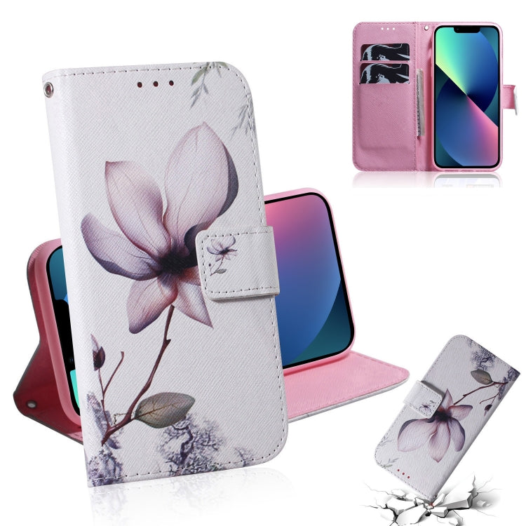 Coloured drawing horizontal flip leather case for iPhone 13 mini, showcasing its stylish design and functional features.