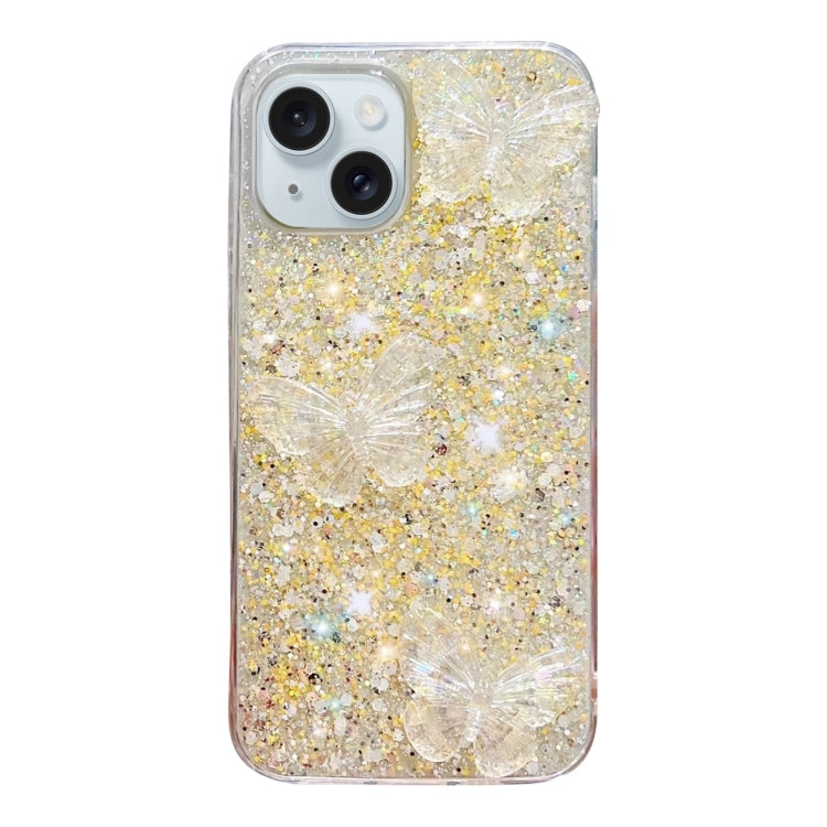 Stylish iPhone 13 mini case featuring starry sequins and crystal butterflies, made from durable epoxy TPU material.