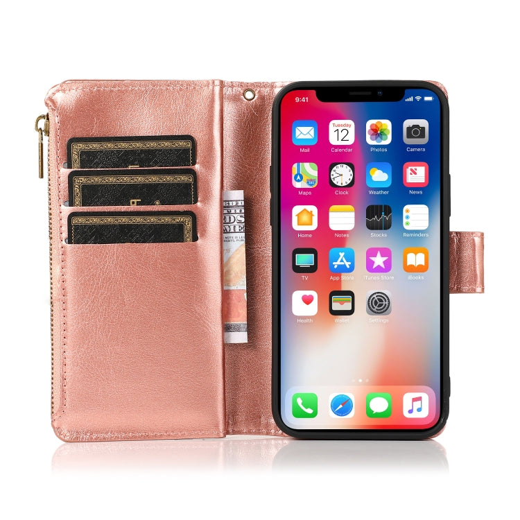 For iPhone 13 Multifunctional Crazy Horse Texture Horizontal Flip case in brown PU leather with card slots and a flip stand design.