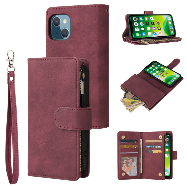 Multifunctional leather case for iPhone 13 with card slots and flip stand design, showcasing its sleek and elegant appearance.