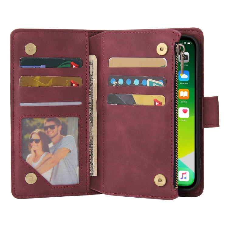 Multifunctional leather case for iPhone 13 with card slots and flip stand design, showcasing its sleek and elegant appearance.