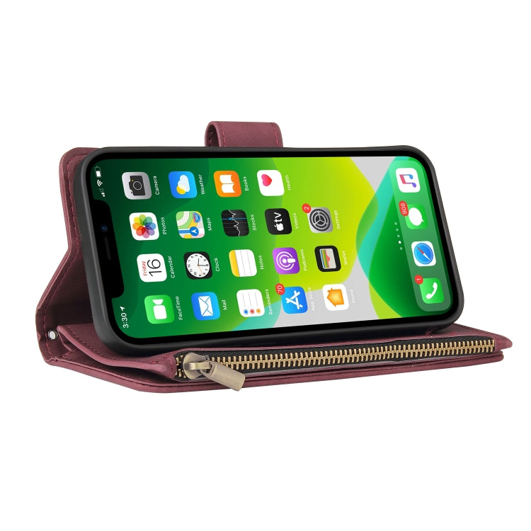 Multifunctional leather case for iPhone 13 with card slots and flip stand design, showcasing its sleek and elegant appearance.