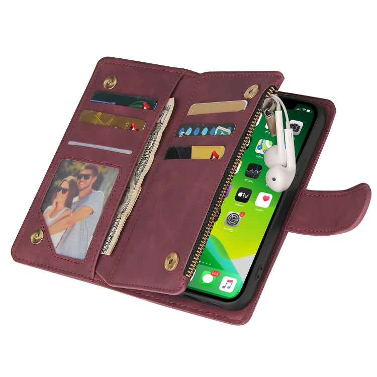 Multifunctional leather case for iPhone 13 with card slots and flip stand design, showcasing its sleek and elegant appearance.