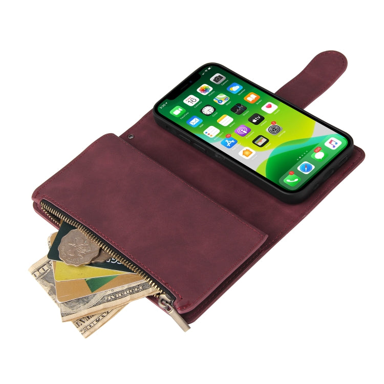 Multifunctional leather case for iPhone 13 with card slots and flip stand design, showcasing its sleek and elegant appearance.