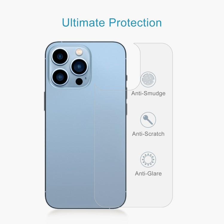 50pcs 0.26mm 9H 2.5D Tempered Glass Back Film for iPhone 13 Pro, showcasing its sleek design and protective features.