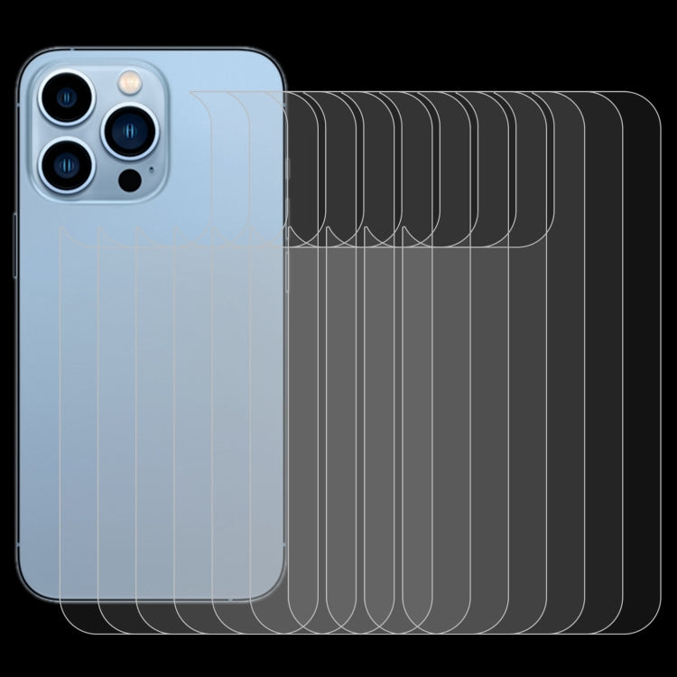 50pcs 0.26mm 9H 2.5D Tempered Glass Back Film for iPhone 13 Pro, showcasing its sleek design and protective features.