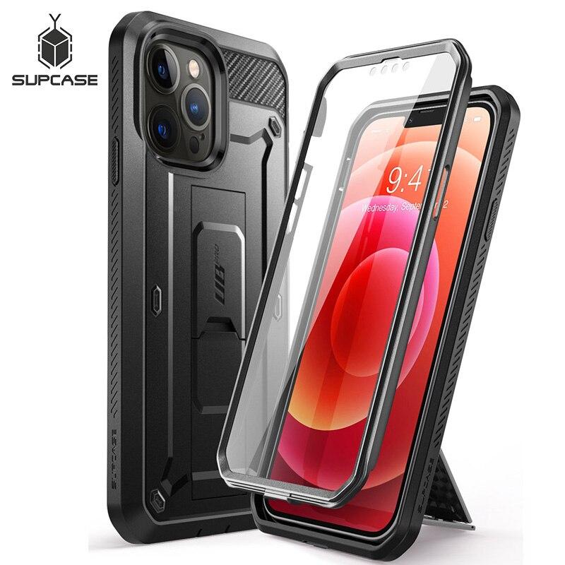 UB Pro Full-Body Rugged Holster Case for iPhone 13 Pro, featuring a built-in screen protector and kickstand in black color.