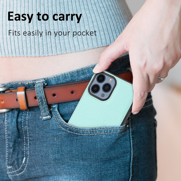 Mint colored Litchi Pattern Stitched Phone Case for iPhone 13 Pro, showcasing its stylish design and durable material.