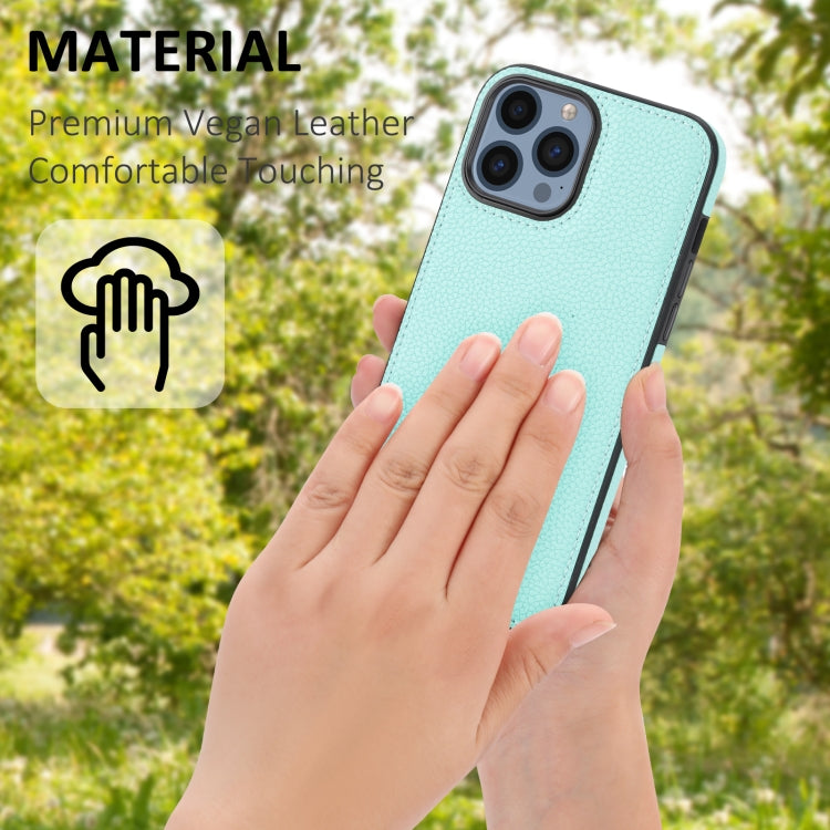 Mint colored Litchi Pattern Stitched Phone Case for iPhone 13 Pro, showcasing its stylish design and durable material.