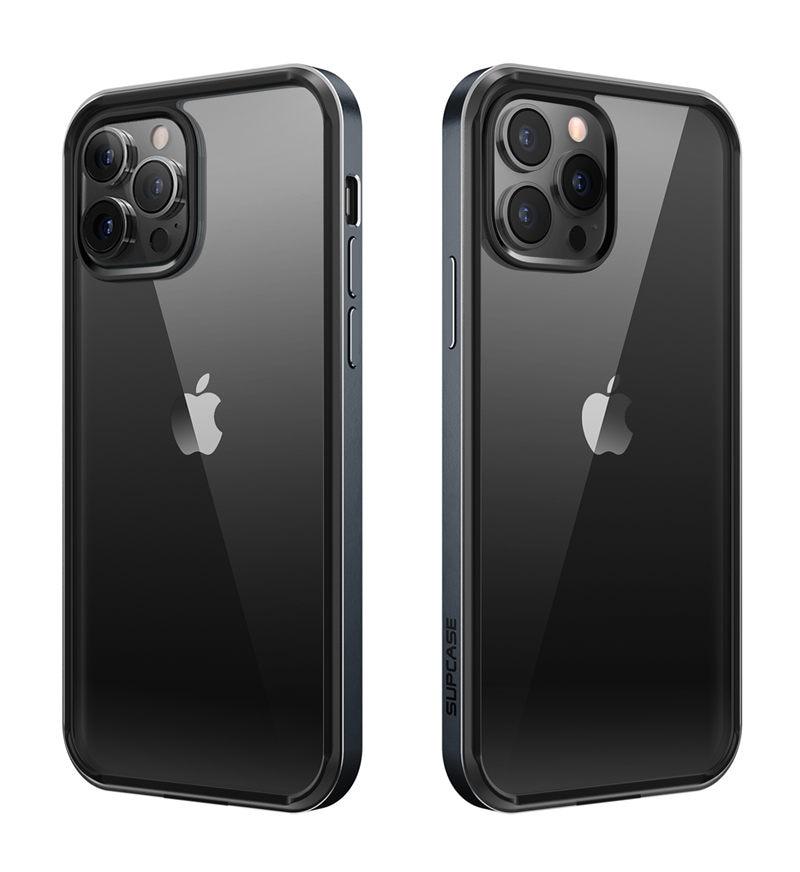 UB Edge Pro Slim case for iPhone 13 Pro Max, featuring a clear back and built-in screen protector in black and cerulean colors.