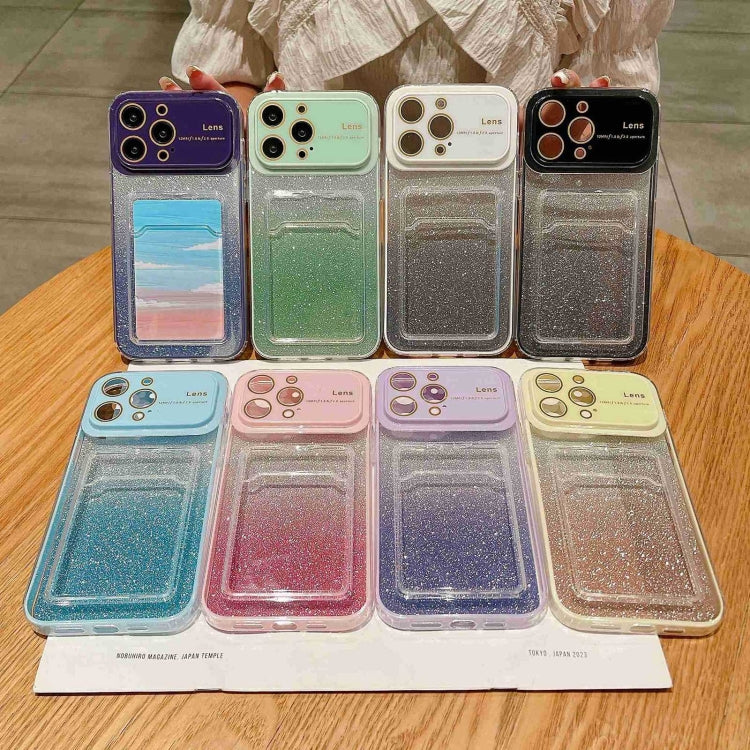 Large window gradient glitter phone case for iPhone 13 Pro Max, showcasing its stylish design and durable material.