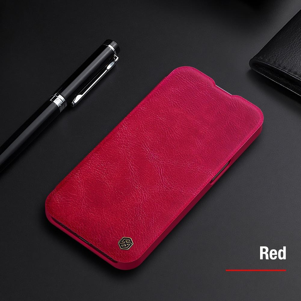 For iPhone 13 Pro Max Flip Leather Case with Slide Cover for Camera Protection, available in black, red, and brown.