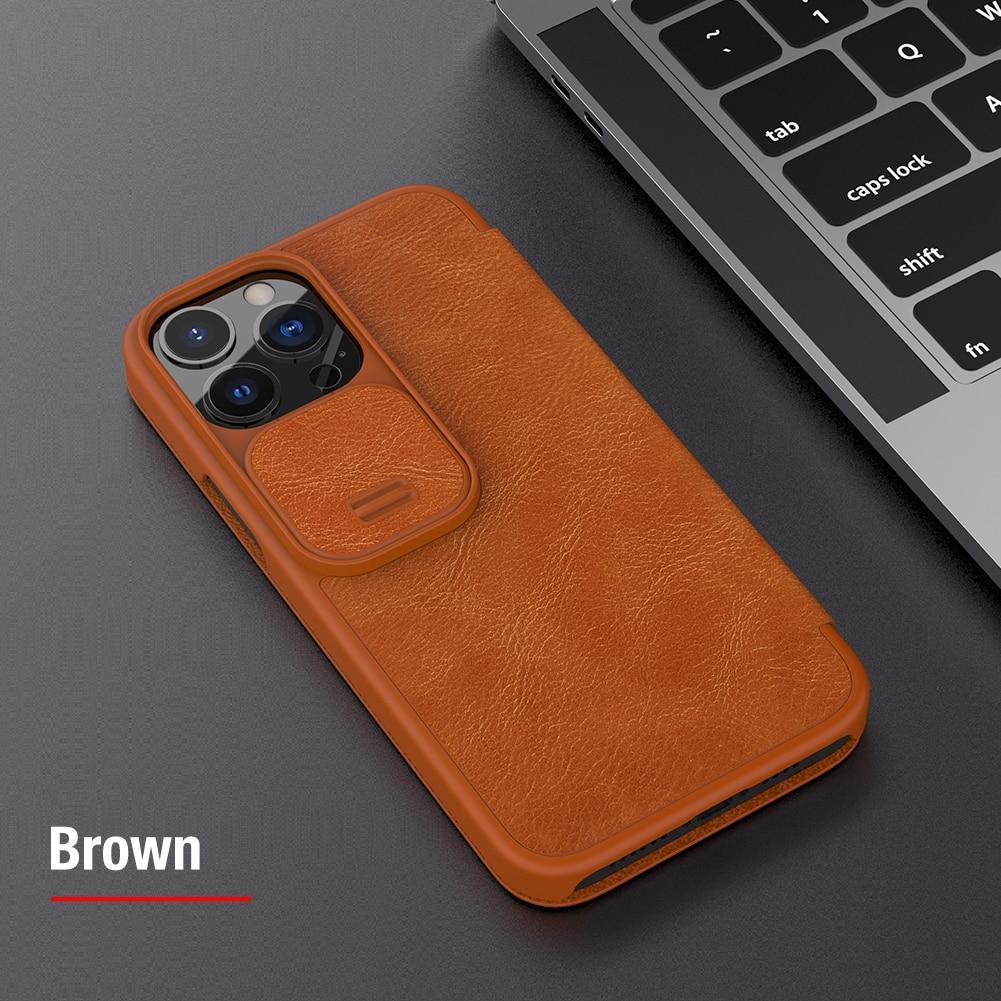 For iPhone 13 Pro Max Flip Leather Case with Slide Cover for Camera Protection, available in black, red, and brown.