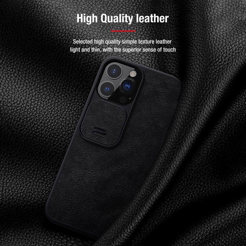 For iPhone 13 Pro Max Flip Leather Case with Slide Cover for Camera Protection, available in black, red, and brown.