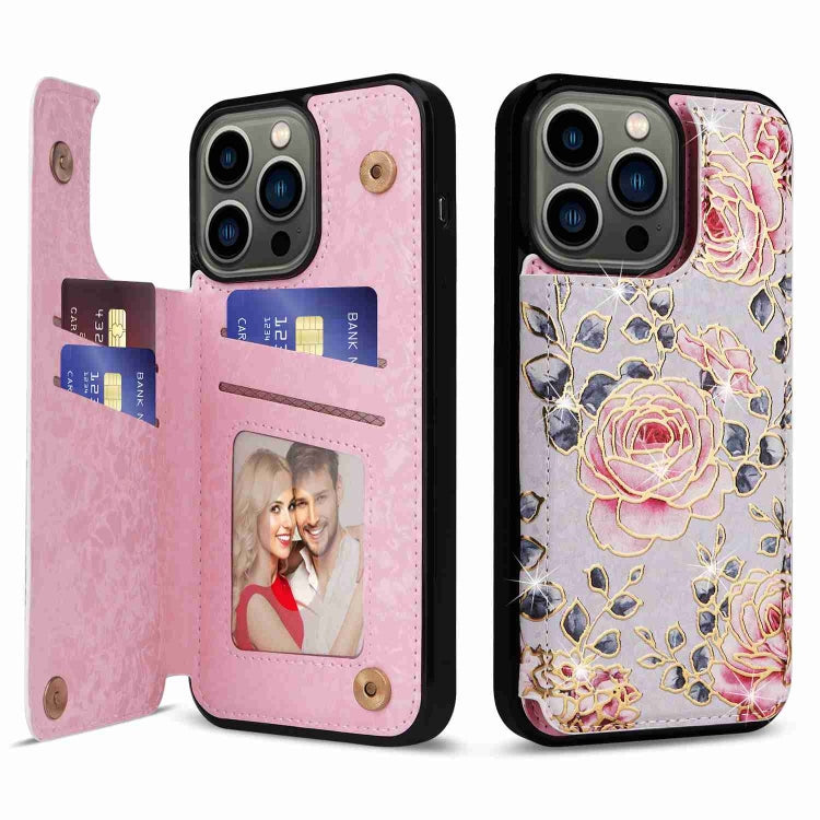 For iPhone 13 Pro Printed Double Buckle RFID Anti-theft Phone Case showcasing its stylish design and card storage features.