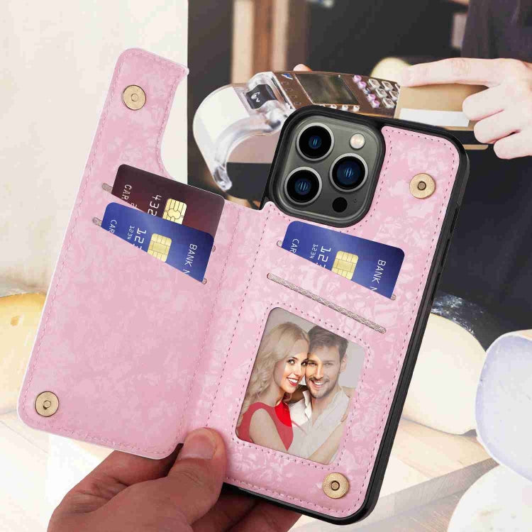For iPhone 13 Pro Printed Double Buckle RFID Anti-theft Phone Case showcasing its stylish design and card storage features.