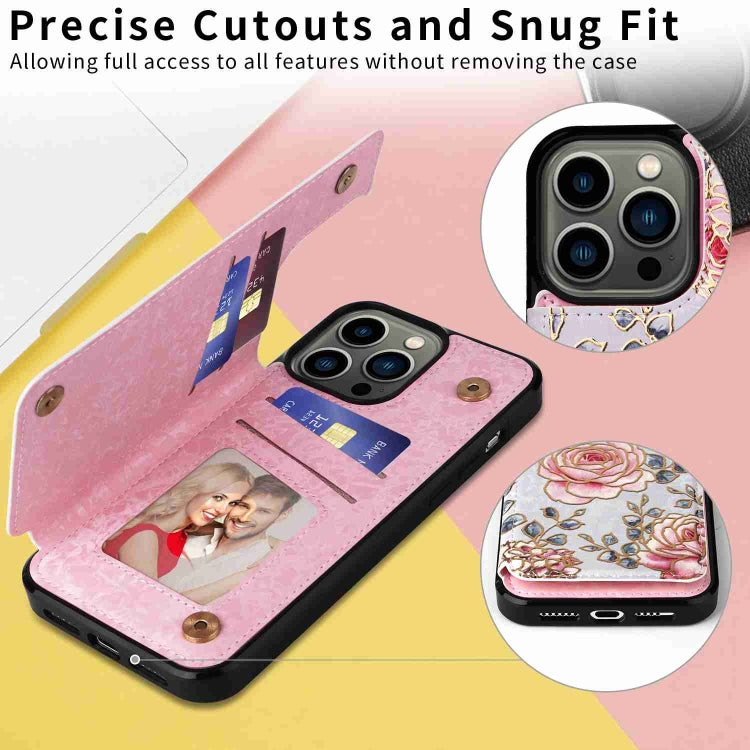 For iPhone 13 Pro Printed Double Buckle RFID Anti-theft Phone Case showcasing its stylish design and card storage features.