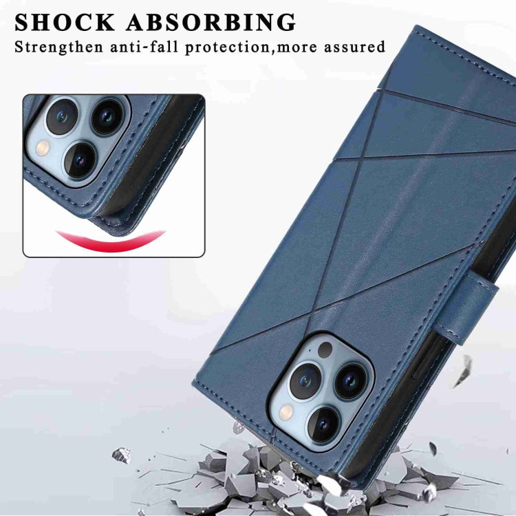 For iPhone 13 Pro PU leather case with embossed texture, featuring card slots and a wrist strap.