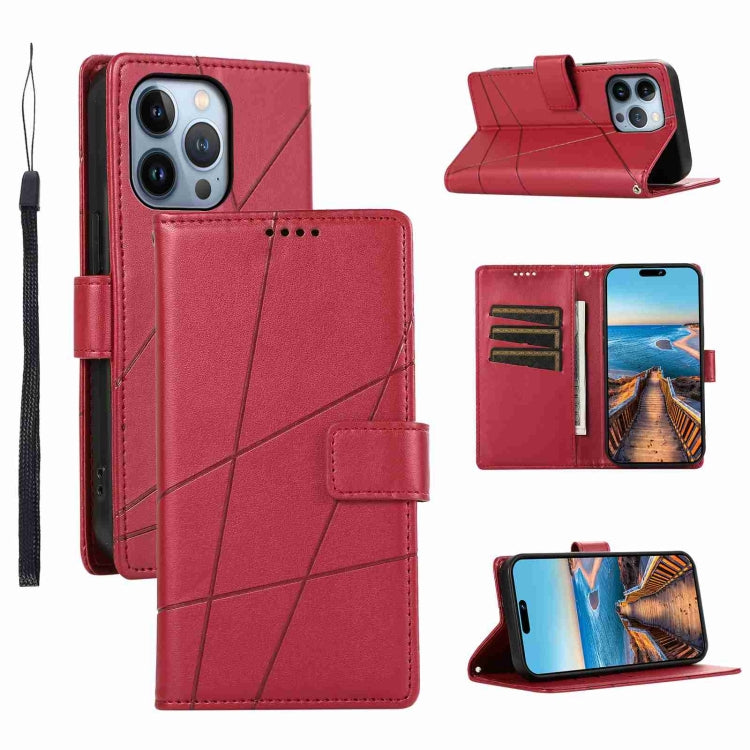 For iPhone 13 Pro PU leather case with embossed texture, featuring card slots and a wrist strap.