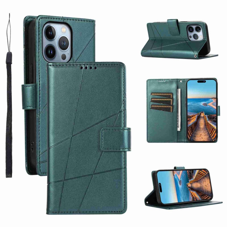 For iPhone 13 Pro PU leather case with embossed texture, featuring card slots and a wrist strap.