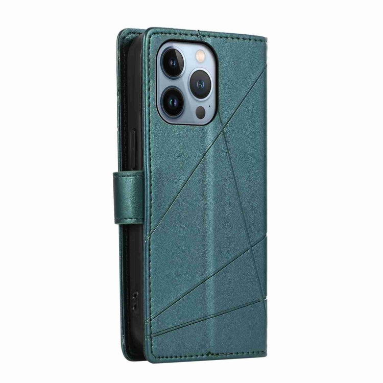 For iPhone 13 Pro PU leather case with embossed texture, featuring card slots and a wrist strap.