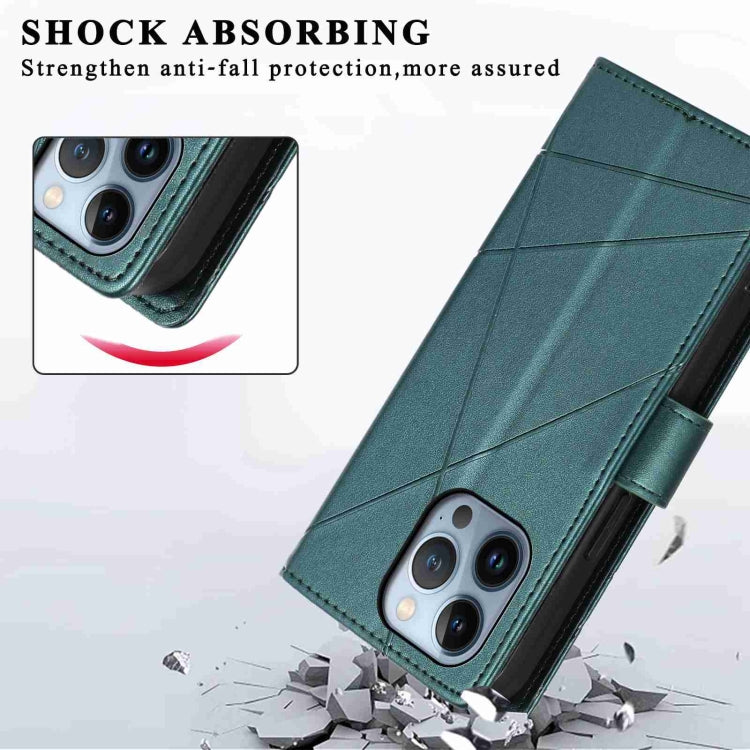 For iPhone 13 Pro PU leather case with embossed texture, featuring card slots and a wrist strap.