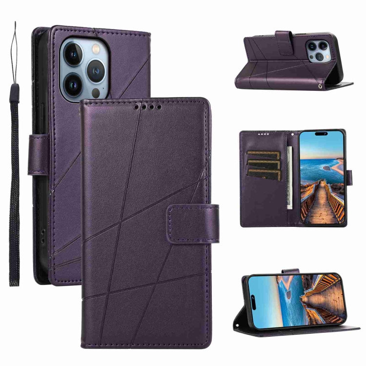 For iPhone 13 Pro PU leather case with embossed texture, featuring card slots and a wrist strap.
