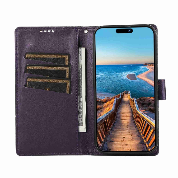 For iPhone 13 Pro PU leather case with embossed texture, featuring card slots and a wrist strap.