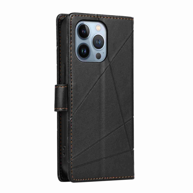 For iPhone 13 Pro PU leather case with embossed texture, featuring card slots and a wrist strap.