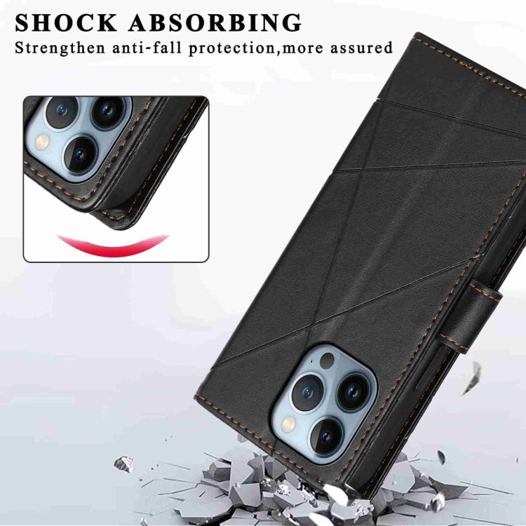 For iPhone 13 Pro PU leather case with embossed texture, featuring card slots and a wrist strap.