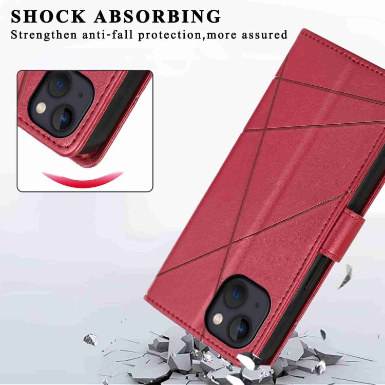Red PU leather phone case for iPhone 13 with embossed texture and card slots.