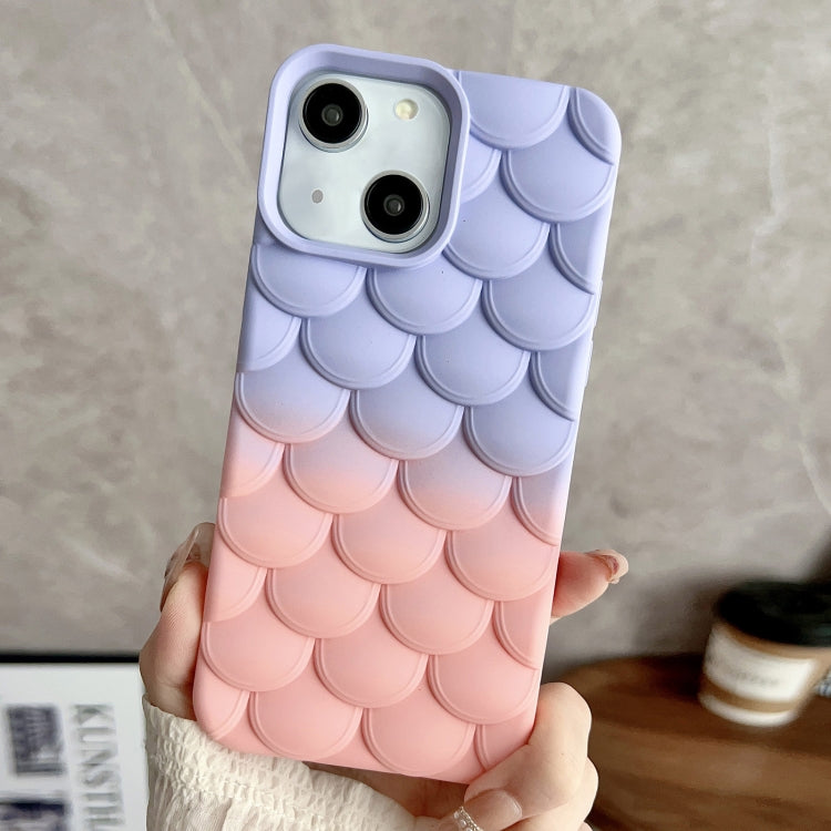 Gradient Mermaid Scale Skin Feel Phone Case for iPhone 14 in pink and purple, showcasing its unique design and texture.