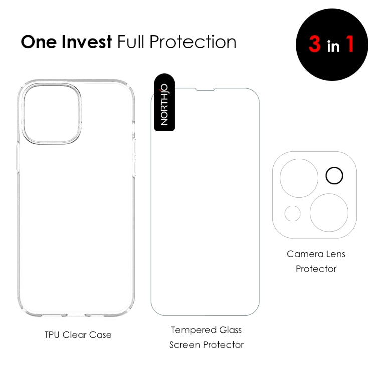 NORTHJO 3 in 1 TPU Phone Case for iPhone 14, featuring a clear design with screen film and lens protector.