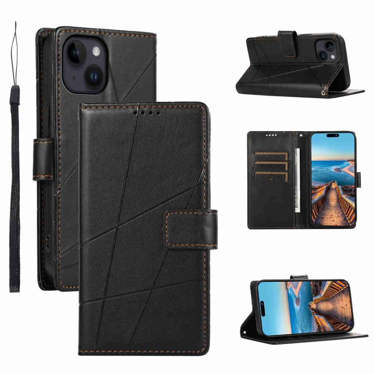 For iPhone 14 Plus PU Genuine Leather Texture Embossed Line Phone Case with card slots and wrist strap, showcasing its stylish design and functionality.