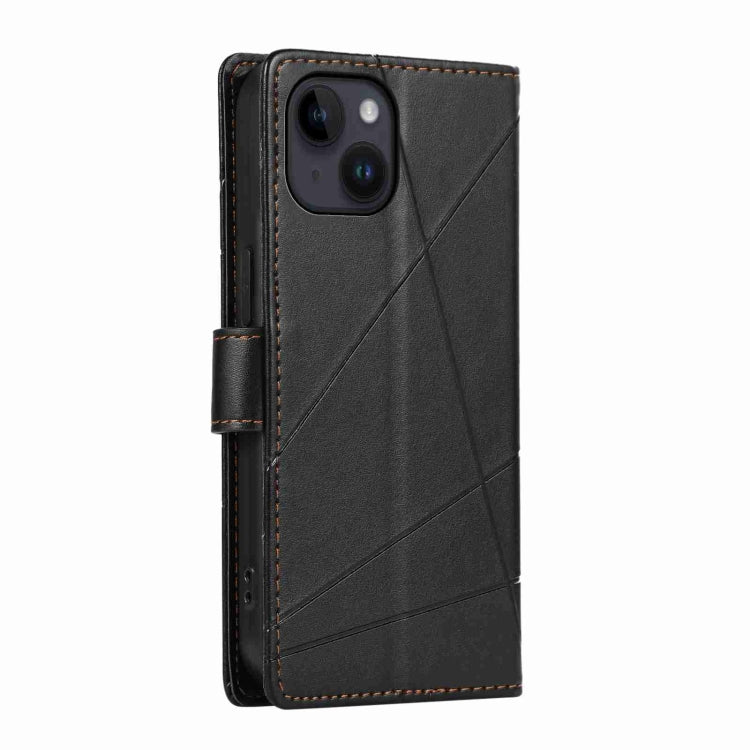 For iPhone 14 Plus PU Genuine Leather Texture Embossed Line Phone Case with card slots and wrist strap, showcasing its stylish design and functionality.