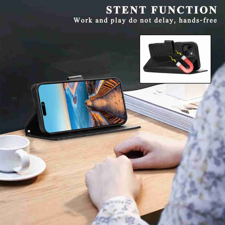 For iPhone 14 Plus PU Genuine Leather Texture Embossed Line Phone Case with card slots and wrist strap, showcasing its stylish design and functionality.