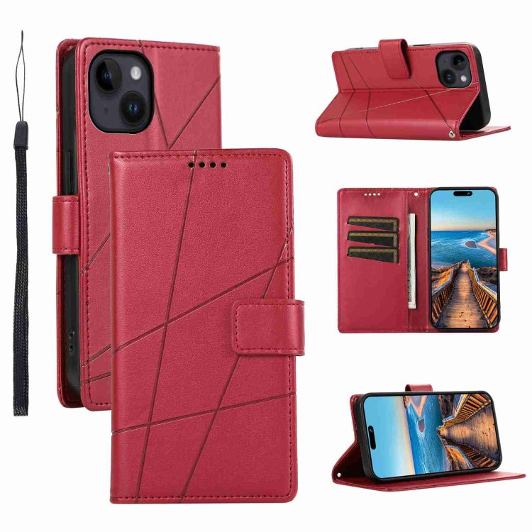 For iPhone 14 Plus PU leather case with embossed texture, featuring card slots and a wrist strap.