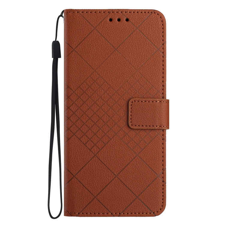Brown rhombic grid texture leather phone case for iPhone 14 Plus, showcasing its stylish design and durable material.