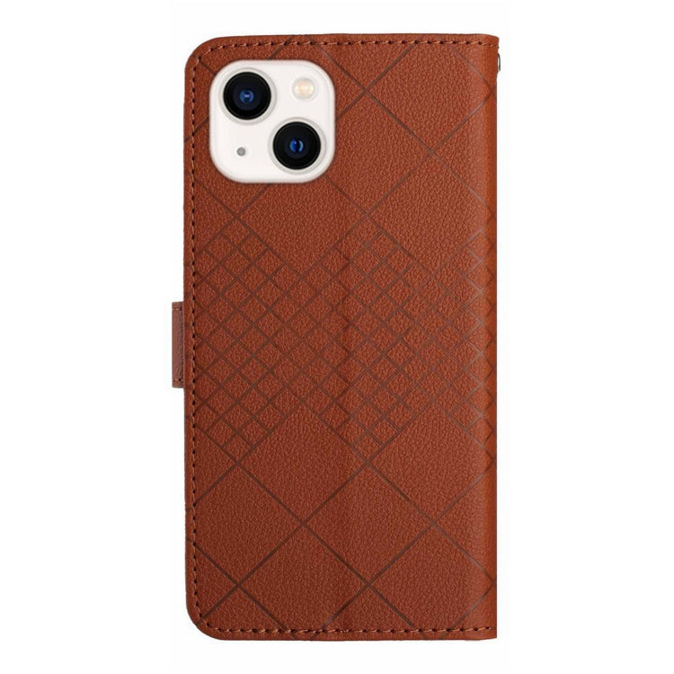Brown rhombic grid texture leather phone case for iPhone 14 Plus, showcasing its stylish design and durable material.