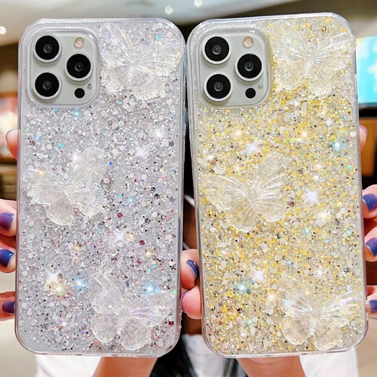 Stylish iPhone 14 Plus case featuring starry sequin butterflies design, made from durable epoxy TPU material.