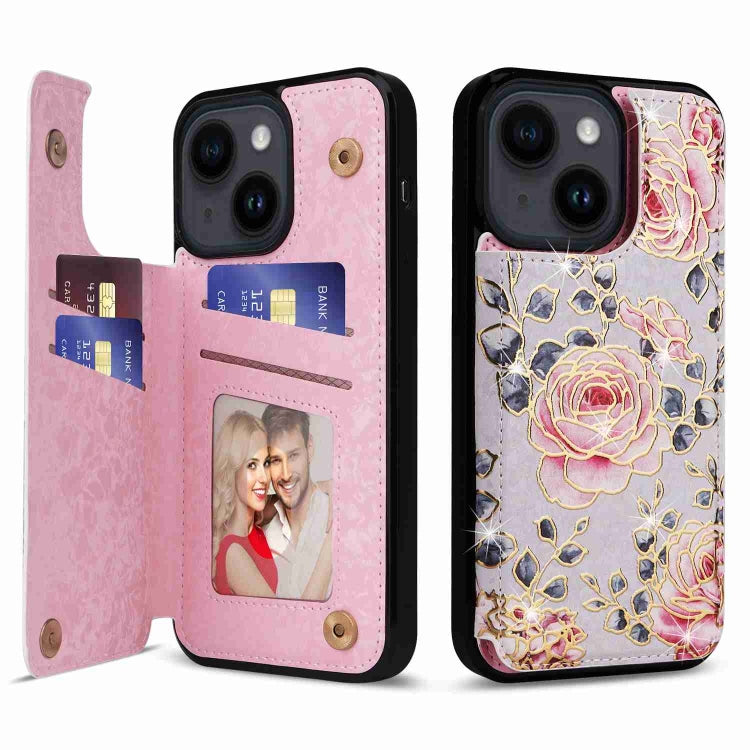 For iPhone 14 Printed Double Buckle RFID Anti-theft Phone case showcasing its stylish design and card slots.