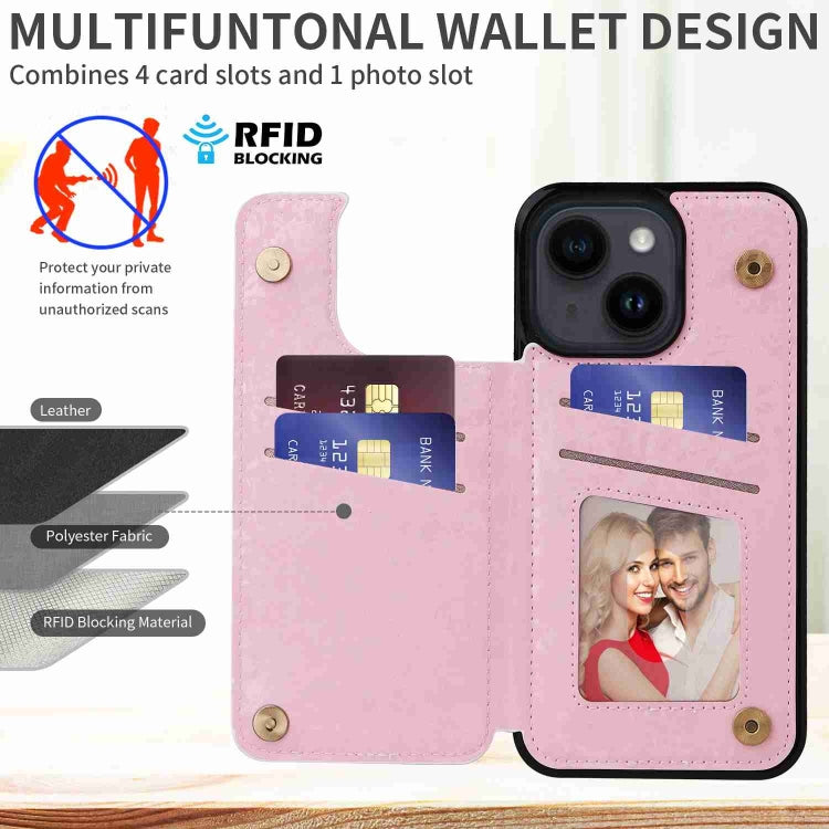 For iPhone 14 Printed Double Buckle RFID Anti-theft Phone case showcasing its stylish design and card slots.