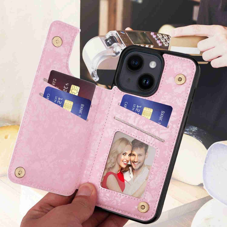 For iPhone 14 Printed Double Buckle RFID Anti-theft Phone case showcasing its stylish design and card slots.
